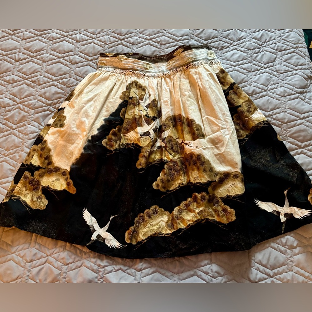 Heart of Haute Vintage-Inspired Full A-line Skirt with Crane Design